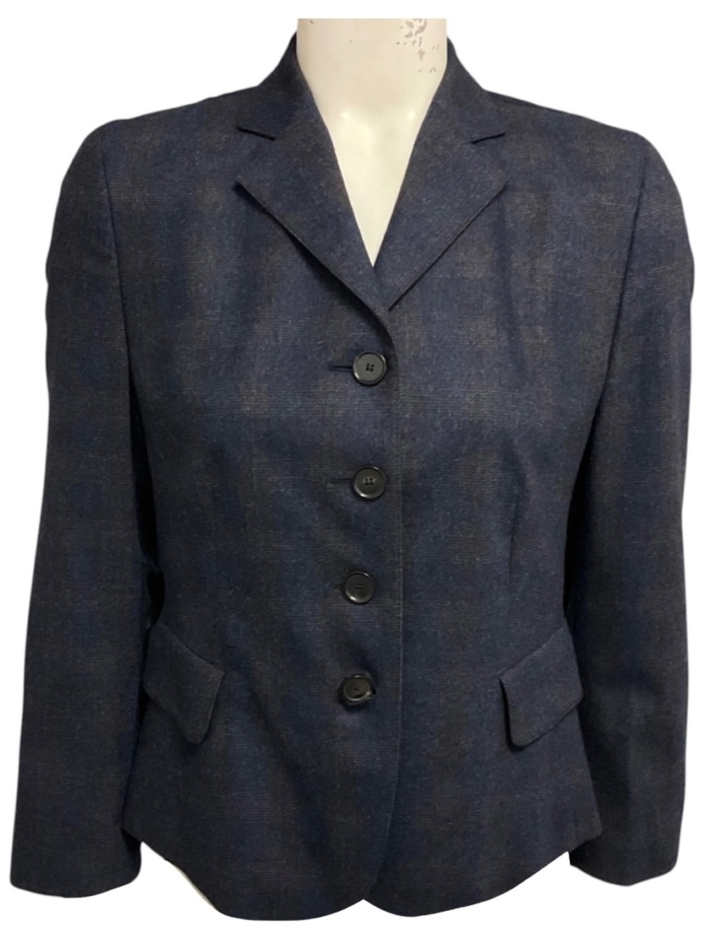 Akris Punto Navy Blue Plaid Button Front Wool and Cashmere Jacket